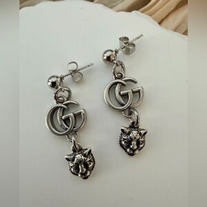 Silver Double G Drop Earrings with Leopard Head Charm
